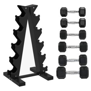 5-Tier Dumbbell Rack with 6 Hexagonal Rubber Dumbbells (2x4kg, 2x5kg, 2x6kg), Dumbbell Storage Stand Holder with Weights Sets for Home Gym Fitness, Black