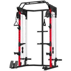 Power Cage Smith Machine, Power Rack with Adjustable Cable Pulley System, Pull-Up Bar, Dip Station, Landmine