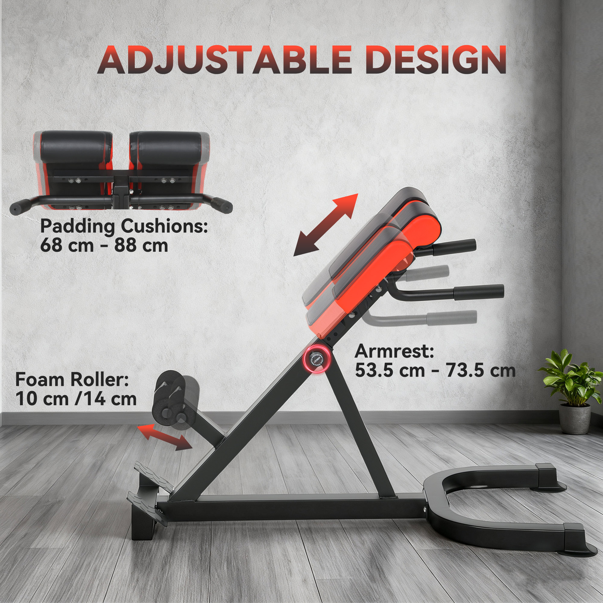 45-Degree Hyperextension Roman Chair, 5-Level Adjustable Back Extension Bench, Heavy-Duty Home Gym Equipment, Red - Image 6