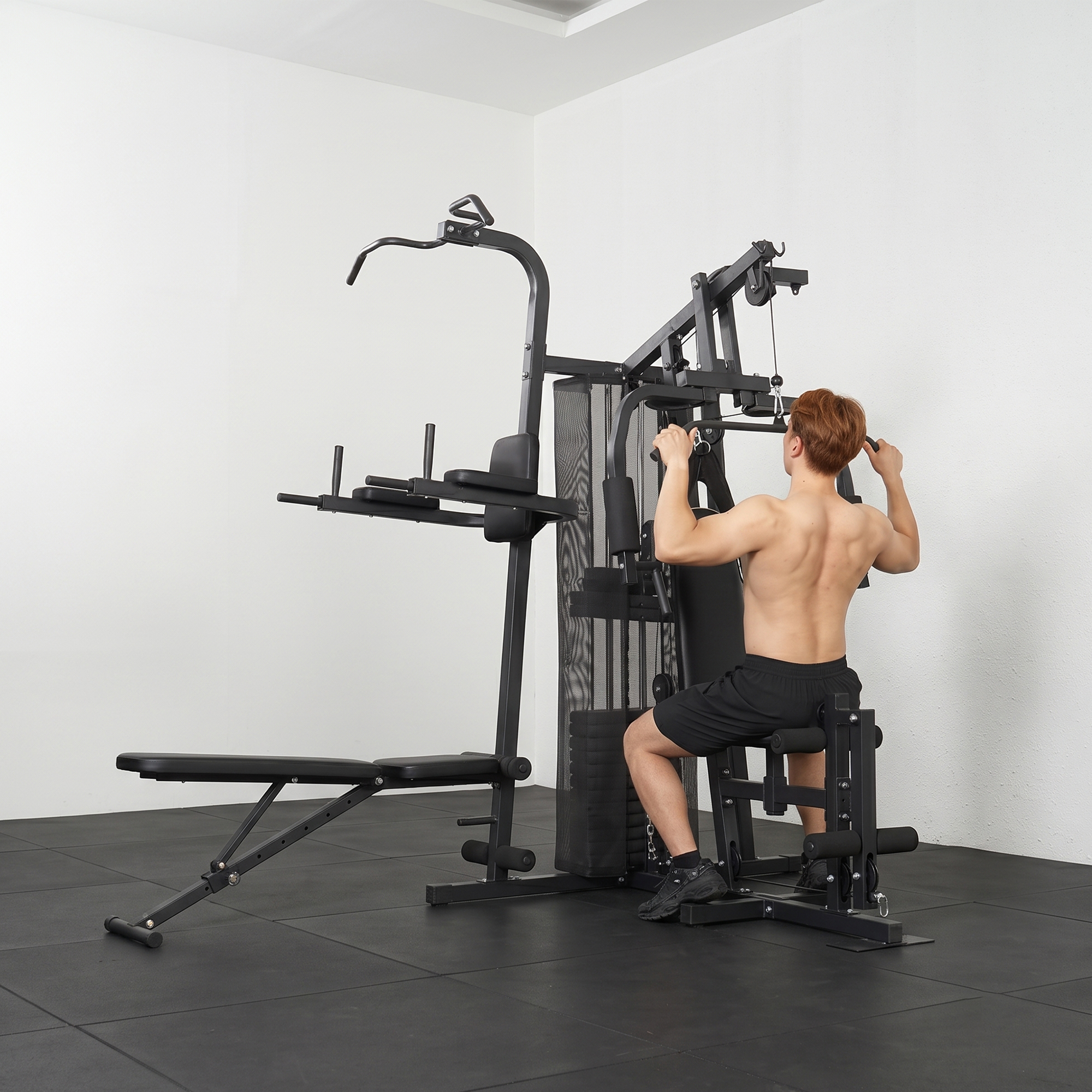 All-in-One Home Gym Machine, Multifunctional Power Cage with 69 kg Weight Stack and Pulley System, Black - Image 9