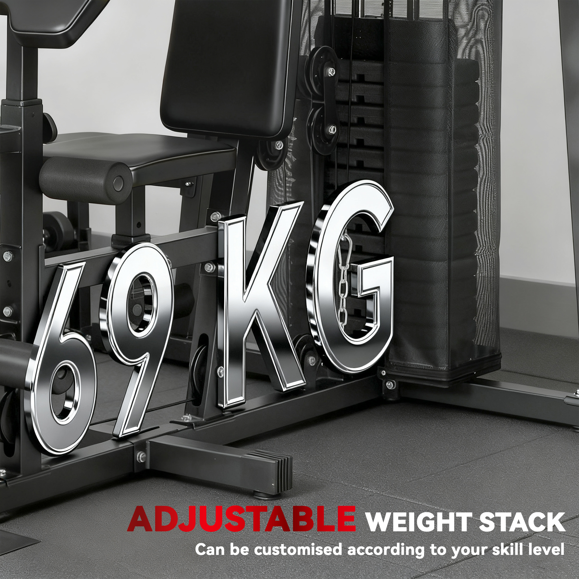 All-in-One Home Gym Machine, Multifunctional Power Cage with 69 kg Weight Stack and Pulley System, Black - Image 6