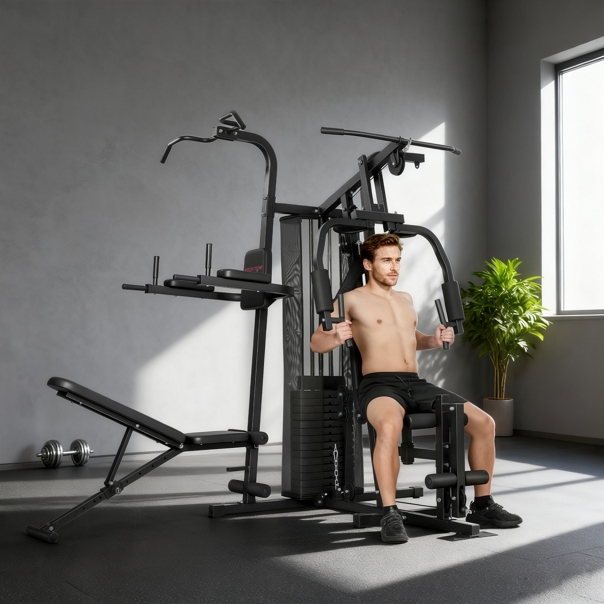All-in-One Home Gym Machine, Multifunctional Power Cage with 69 kg Weight Stack and Pulley System, Black - Image 2