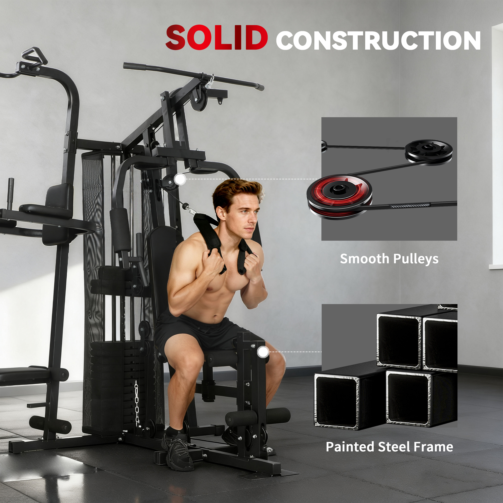 All-in-One Home Gym Machine, Multifunctional Power Cage with 69 kg Weight Stack and Pulley System, Black - Image 7