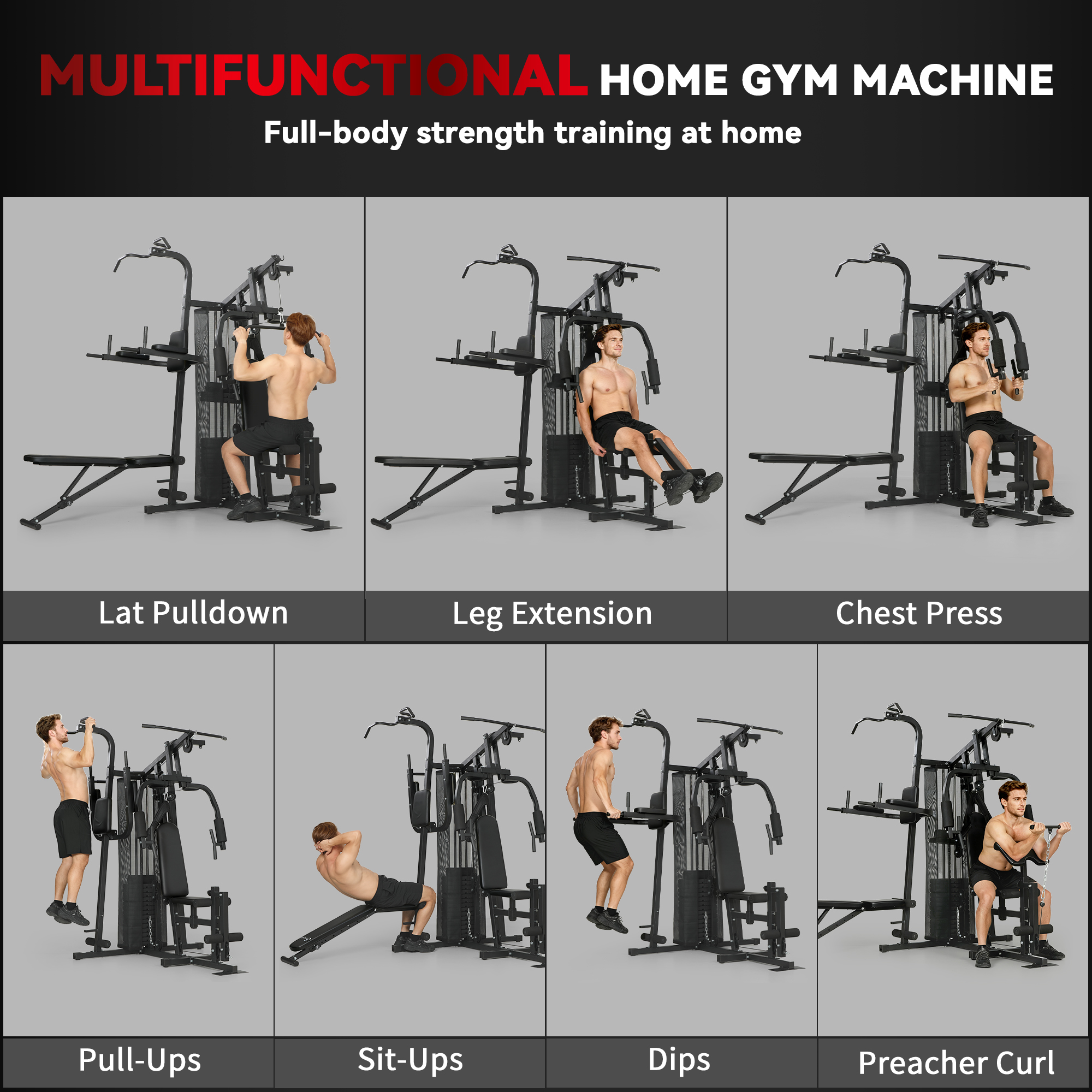 All-in-One Home Gym Machine, Multifunctional Power Cage with 69 kg Weight Stack and Pulley System, Black - Image 4