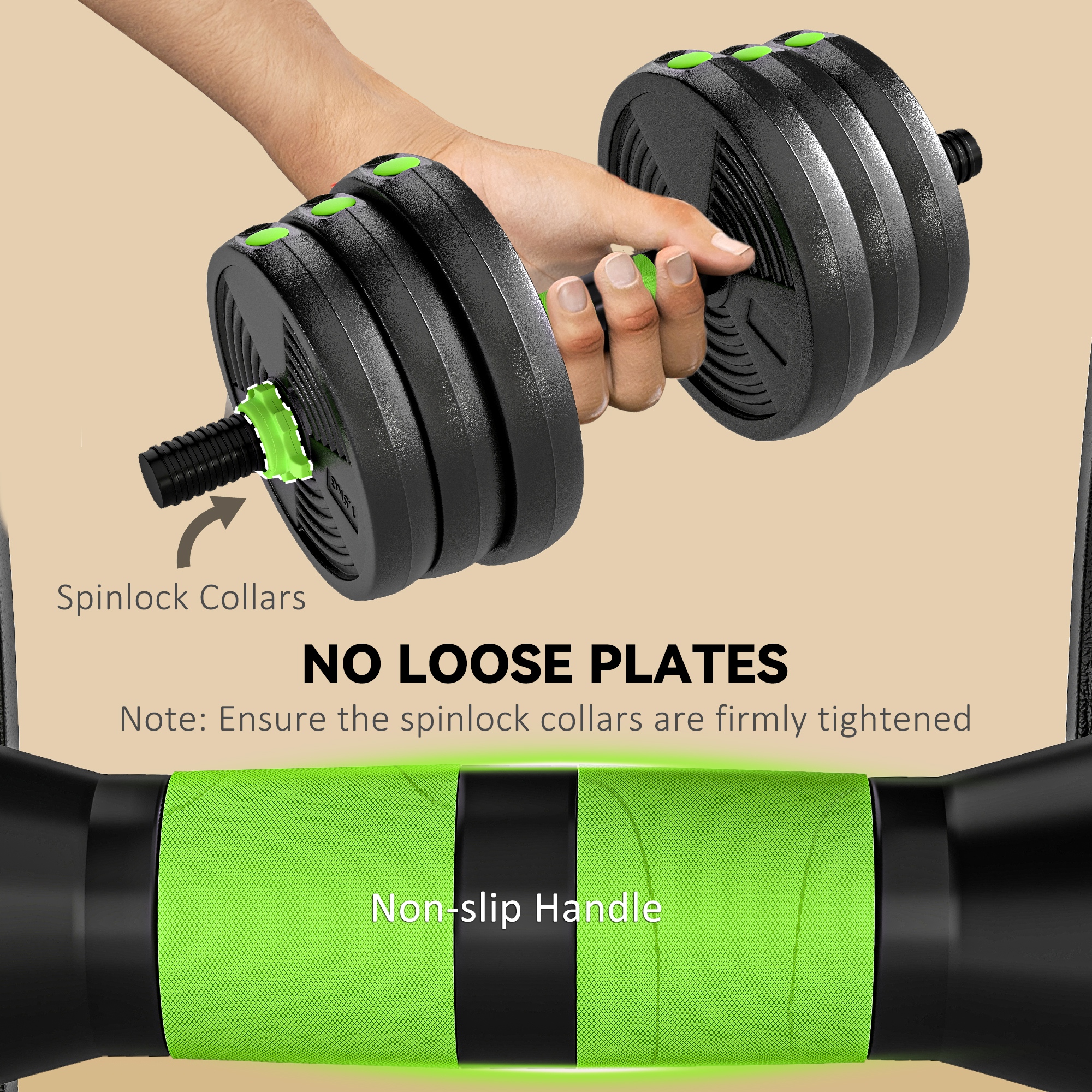 20 kg 3-in-1 Adjustable Dumbbell & Barbell Set with EZ Bar, Connecting Rod and Non-Slip Grip for Home Gym, Green - Image 6