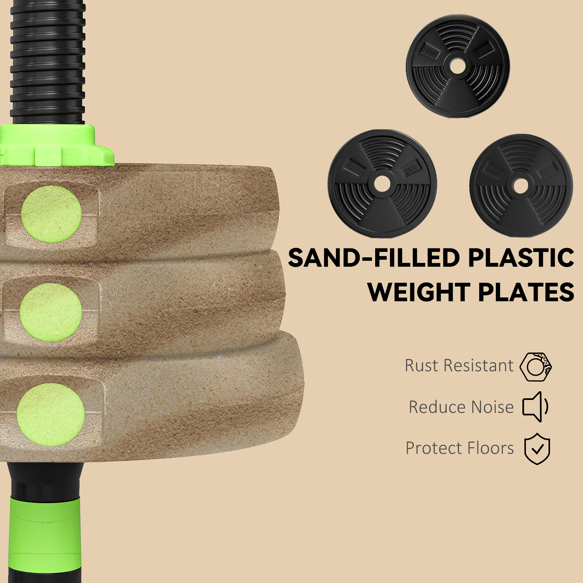 20 kg 3-in-1 Adjustable Dumbbell & Barbell Set with EZ Bar, Connecting Rod and Non-Slip Grip for Home Gym, Green - Image 7