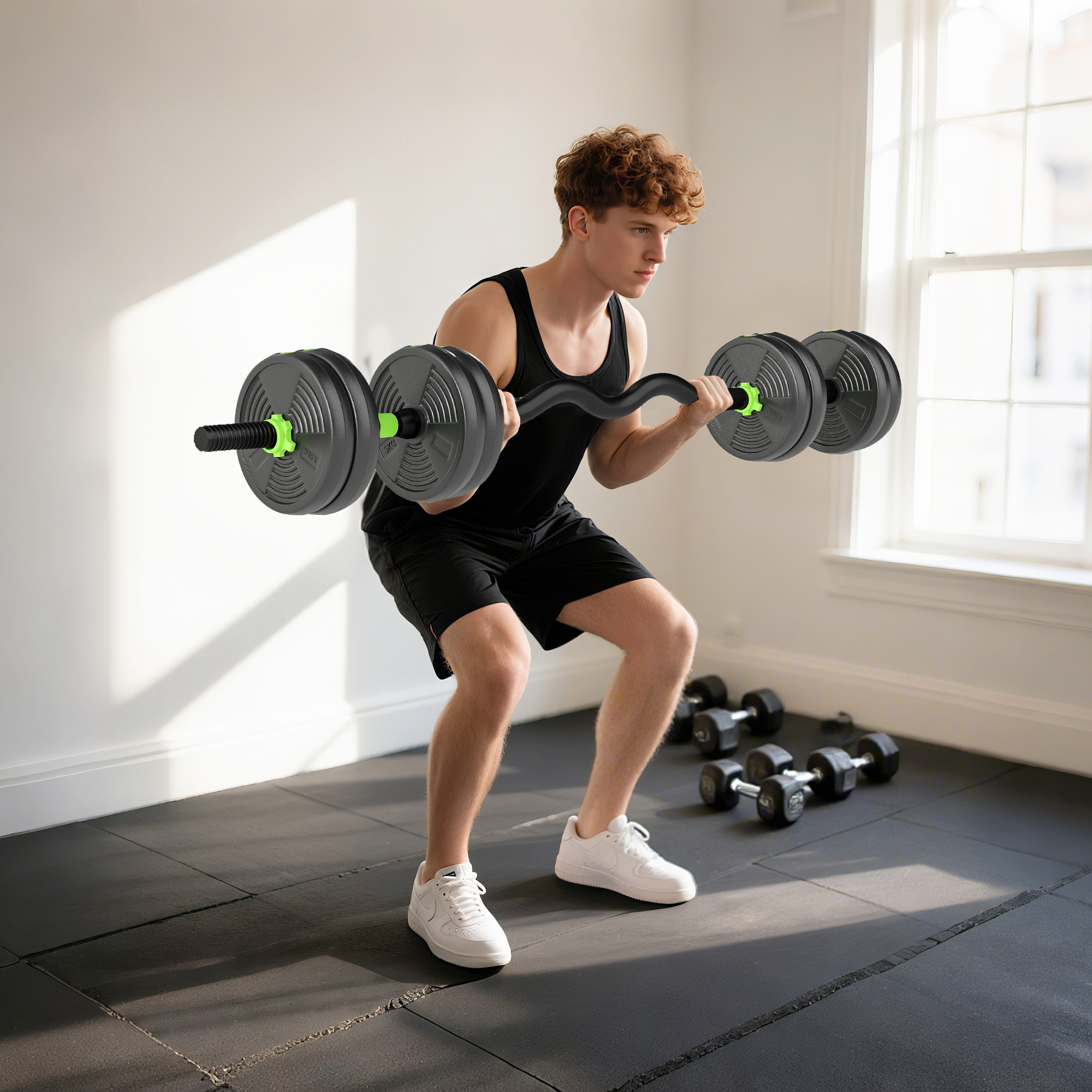 15 kg 3-in-1 Adjustable Dumbbell & Barbell Set with EZ Bar, Connecting Rod and Non-Slip Grip for Home Gym, Green - Image 9