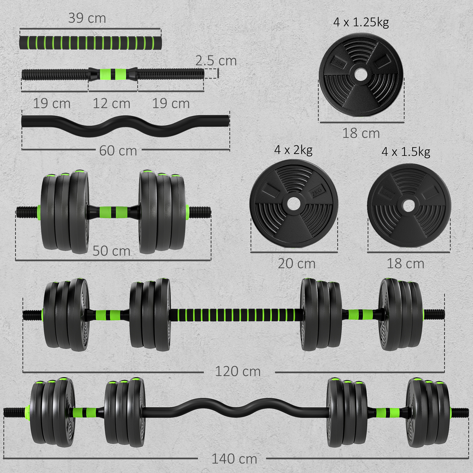 20 kg 3-in-1 Adjustable Dumbbell & Barbell Set with EZ Bar, Connecting Rod and Non-Slip Grip for Home Gym, Green - Image 3