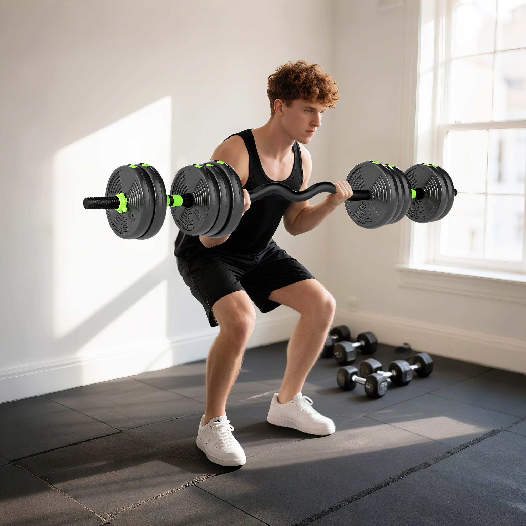 20 kg 3-in-1 Adjustable Dumbbell & Barbell Set with EZ Bar, Connecting Rod and Non-Slip Grip for Home Gym, Green - Image 9