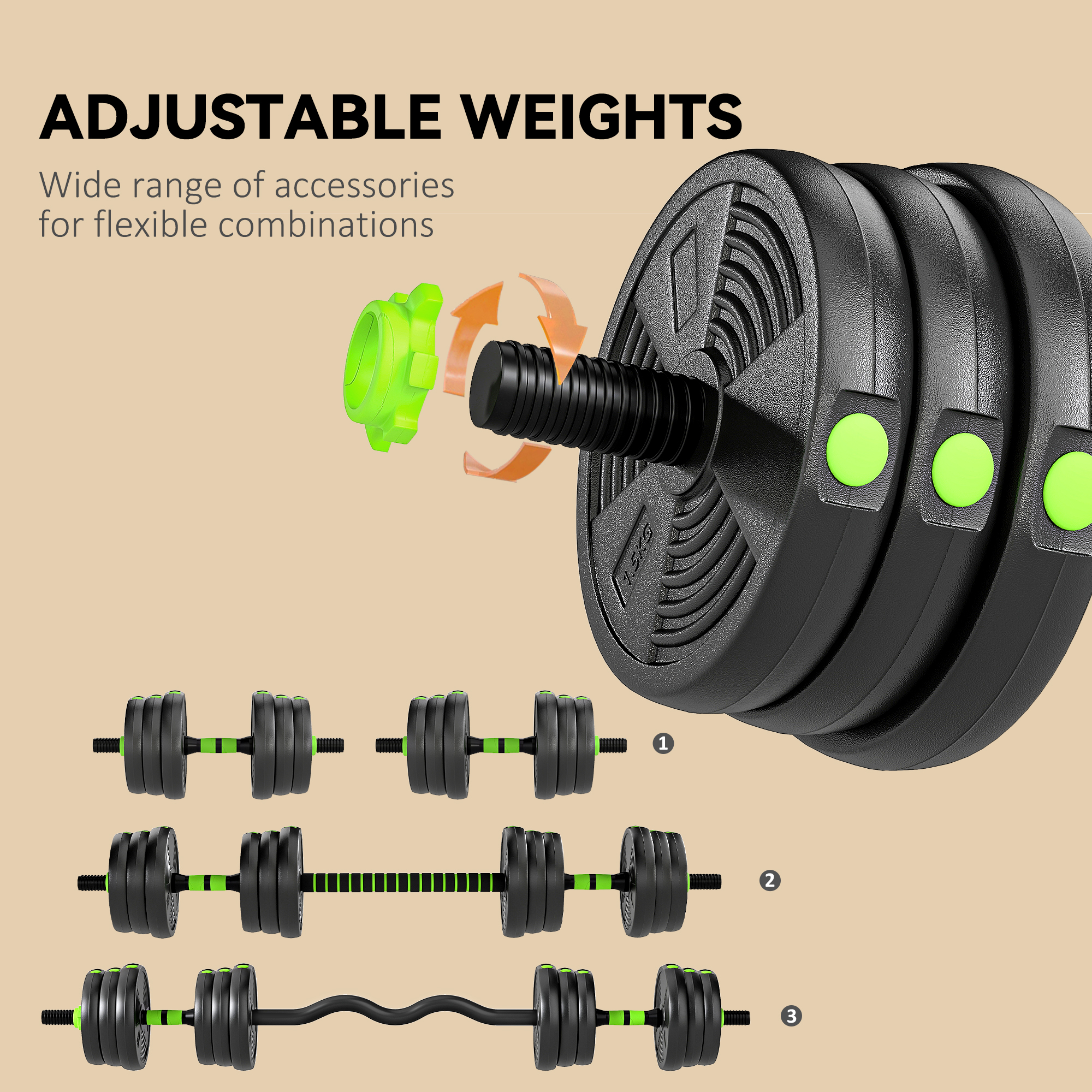 20 kg 3-in-1 Adjustable Dumbbell & Barbell Set with EZ Bar, Connecting Rod and Non-Slip Grip for Home Gym, Green - Image 5