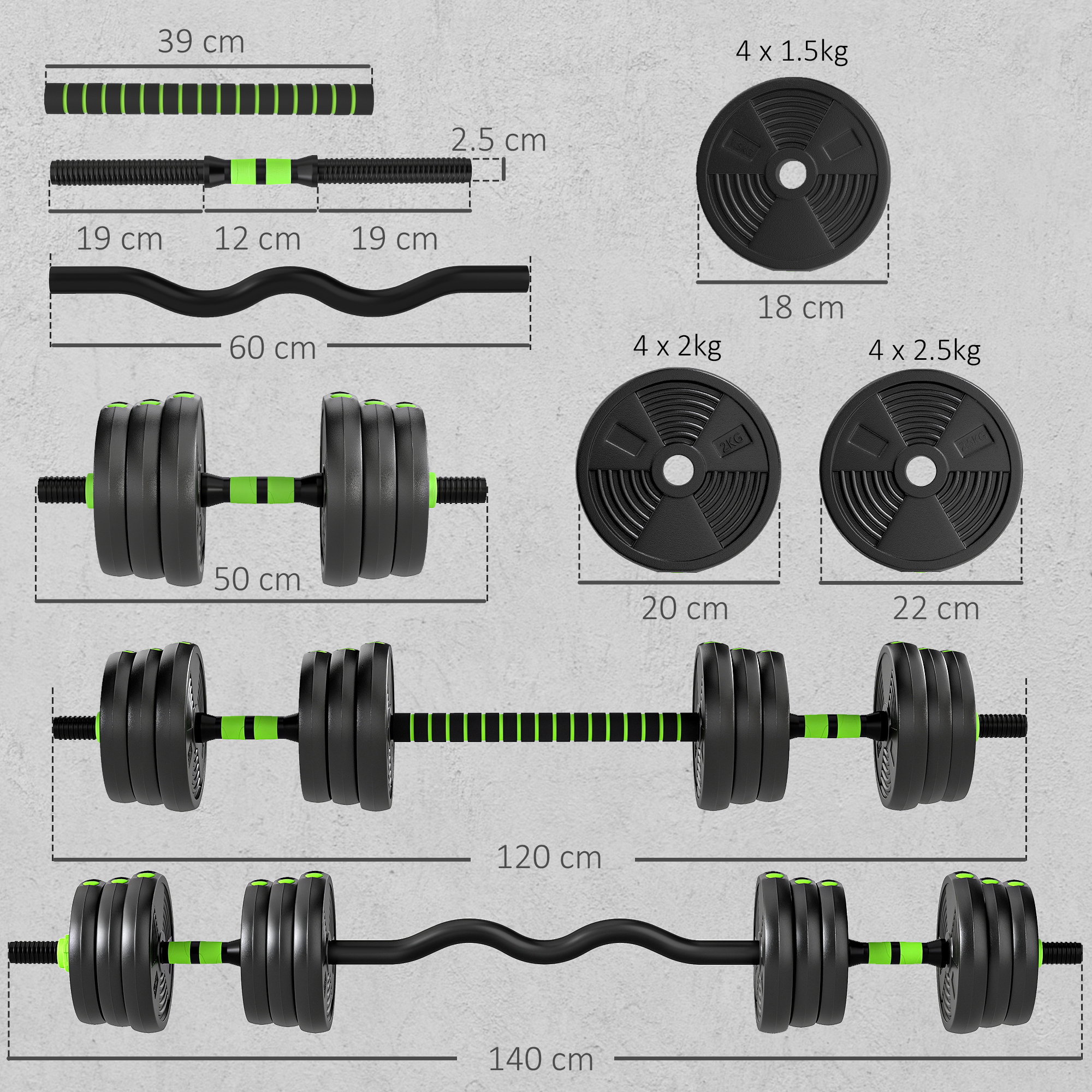 25 kg 3-in-1 Adjustable Dumbbell & Barbell Set with EZ Bar, Connecting Rod and Non-Slip Grip for Home Gym, Green - Image 3
