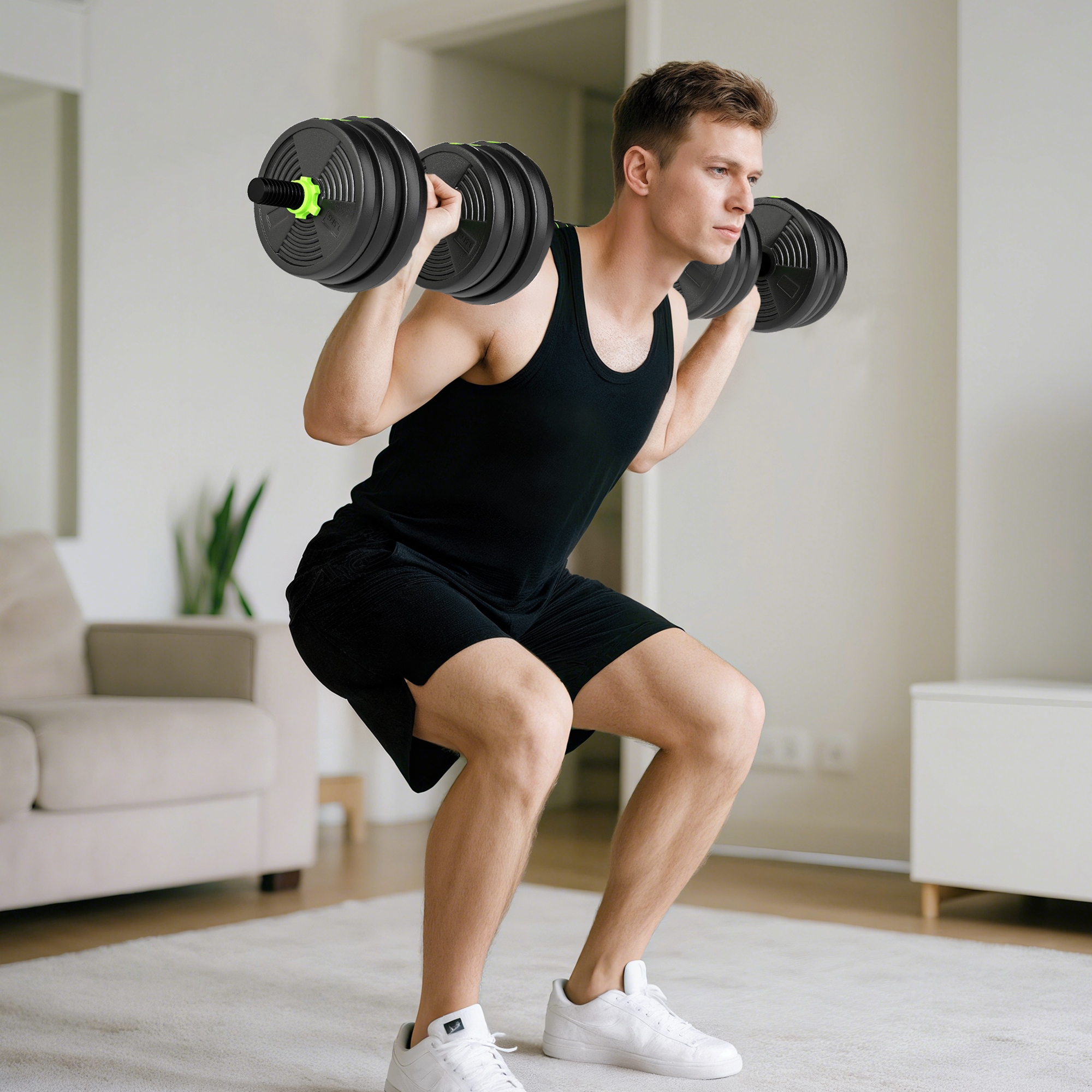 25 kg 3-in-1 Adjustable Dumbbell & Barbell Set with EZ Bar, Connecting Rod and Non-Slip Grip for Home Gym, Green - Image 2
