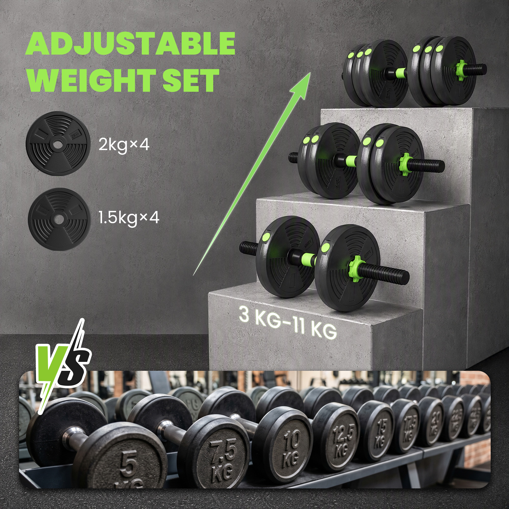 15 kg 3-in-1 Adjustable Dumbbell & Barbell Set with EZ Bar, Connecting Rod and Non-Slip Grip for Home Gym, Green - Image 5