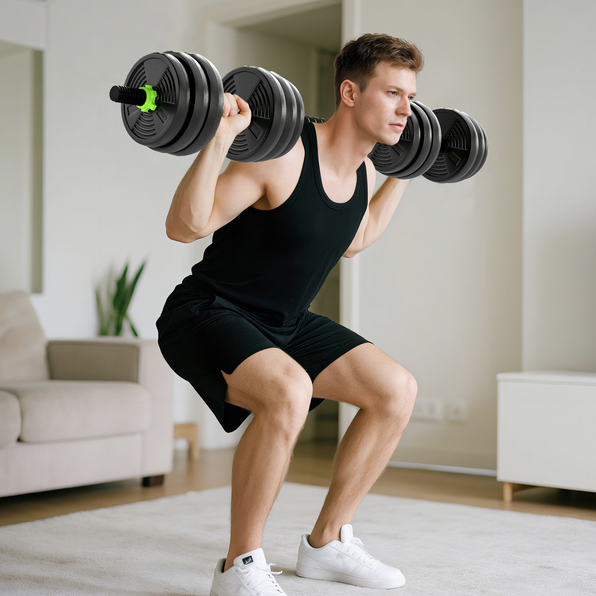 20 kg 3-in-1 Adjustable Dumbbell & Barbell Set with EZ Bar, Connecting Rod and Non-Slip Grip for Home Gym, Green - Image 2
