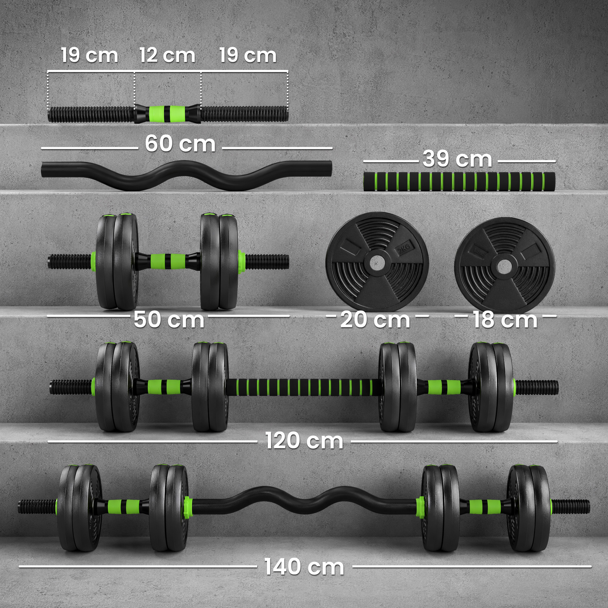 15 kg 3-in-1 Adjustable Dumbbell & Barbell Set with EZ Bar, Connecting Rod and Non-Slip Grip for Home Gym, Green - Image 3