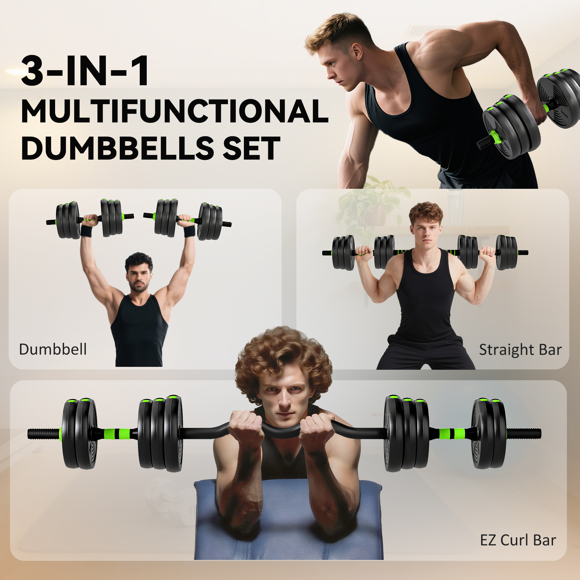 25 kg 3-in-1 Adjustable Dumbbell & Barbell Set with EZ Bar, Connecting Rod and Non-Slip Grip for Home Gym, Green - Image 4