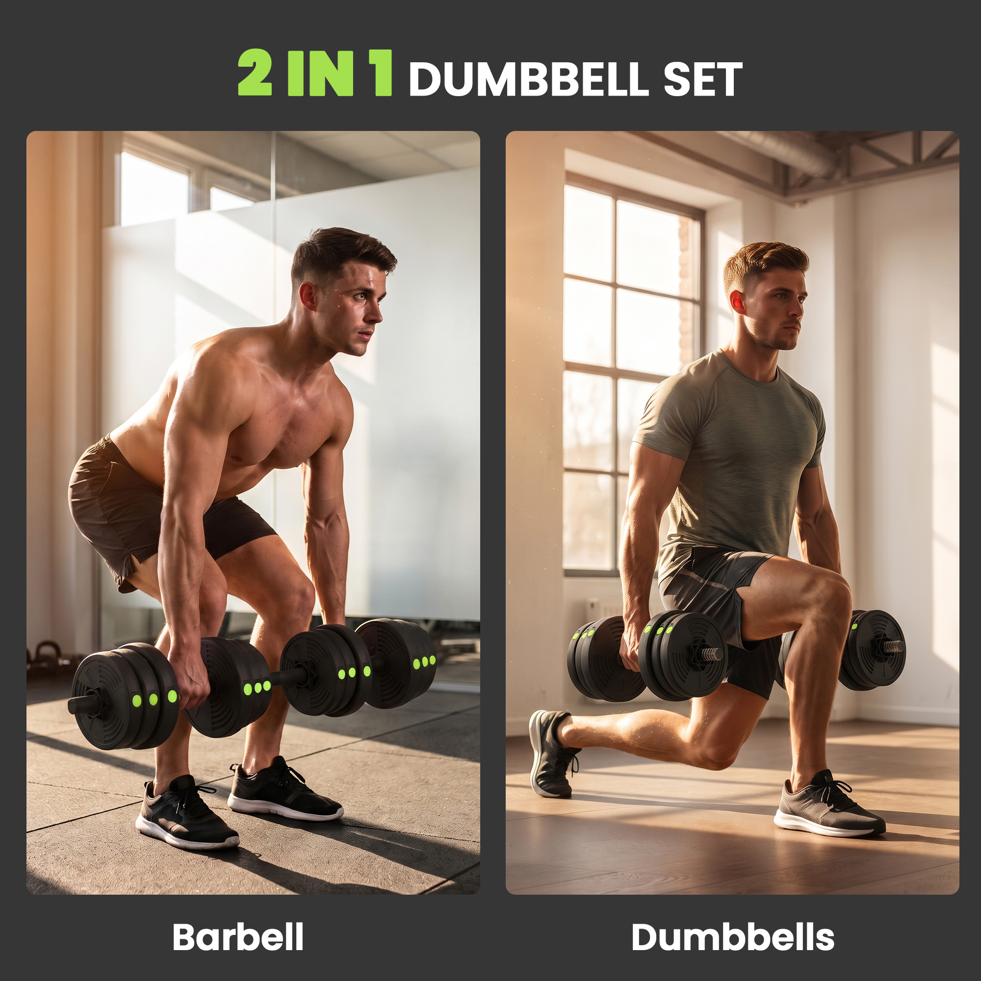 Adjustable Weight Barbell & Dumbbells Set Free Weights Strength Muscle Exercise Home Gym Training, Black and Green - Image 4