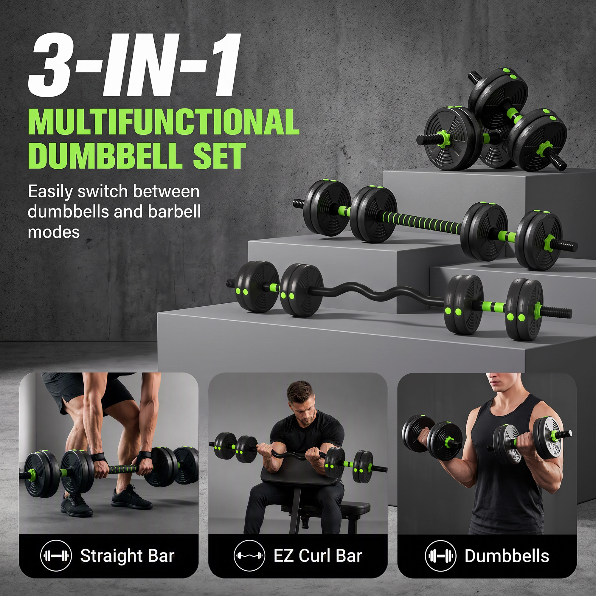 15 kg 3-in-1 Adjustable Dumbbell & Barbell Set with EZ Bar, Connecting Rod and Non-Slip Grip for Home Gym, Green - Image 4