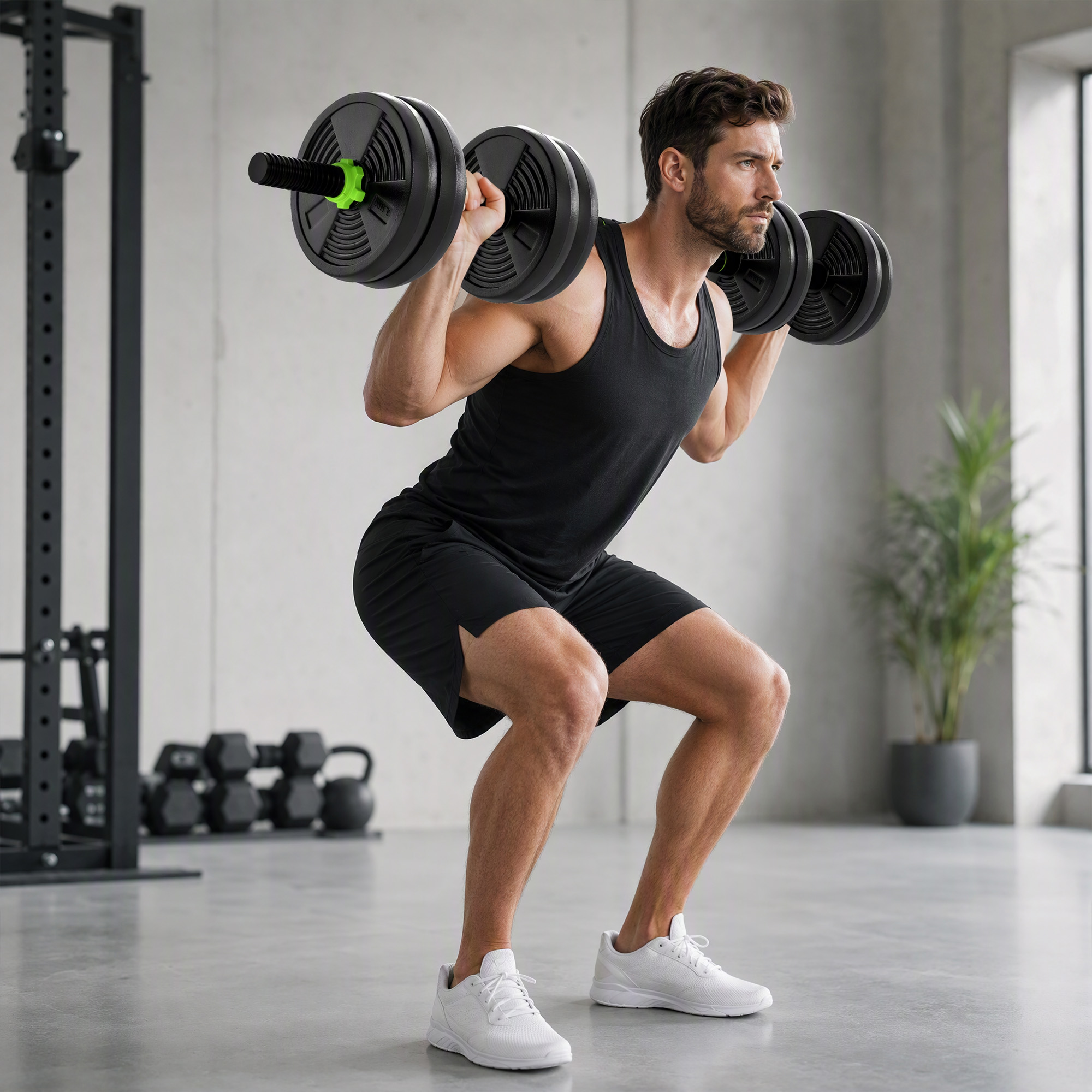 15 kg 3-in-1 Adjustable Dumbbell & Barbell Set with EZ Bar, Connecting Rod and Non-Slip Grip for Home Gym, Green - Image 2