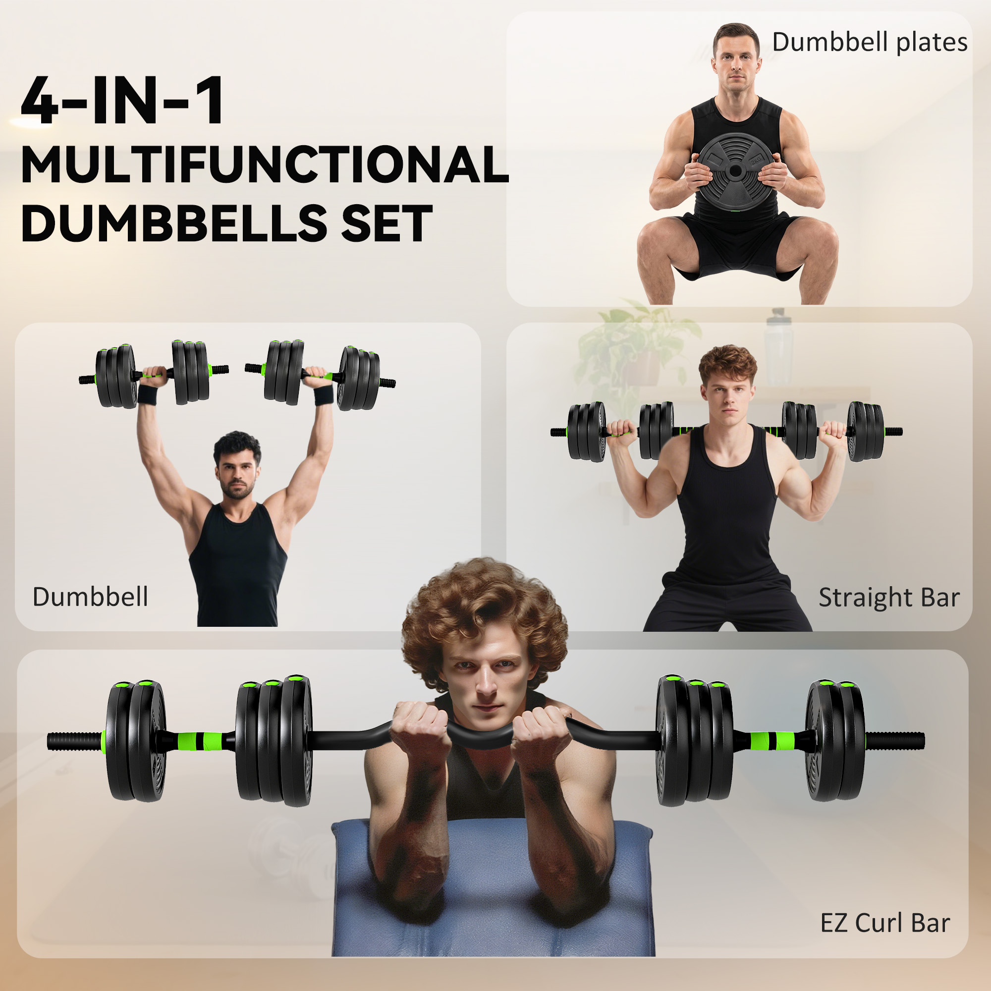20 kg 3-in-1 Adjustable Dumbbell & Barbell Set with EZ Bar, Connecting Rod and Non-Slip Grip for Home Gym, Green - Image 4
