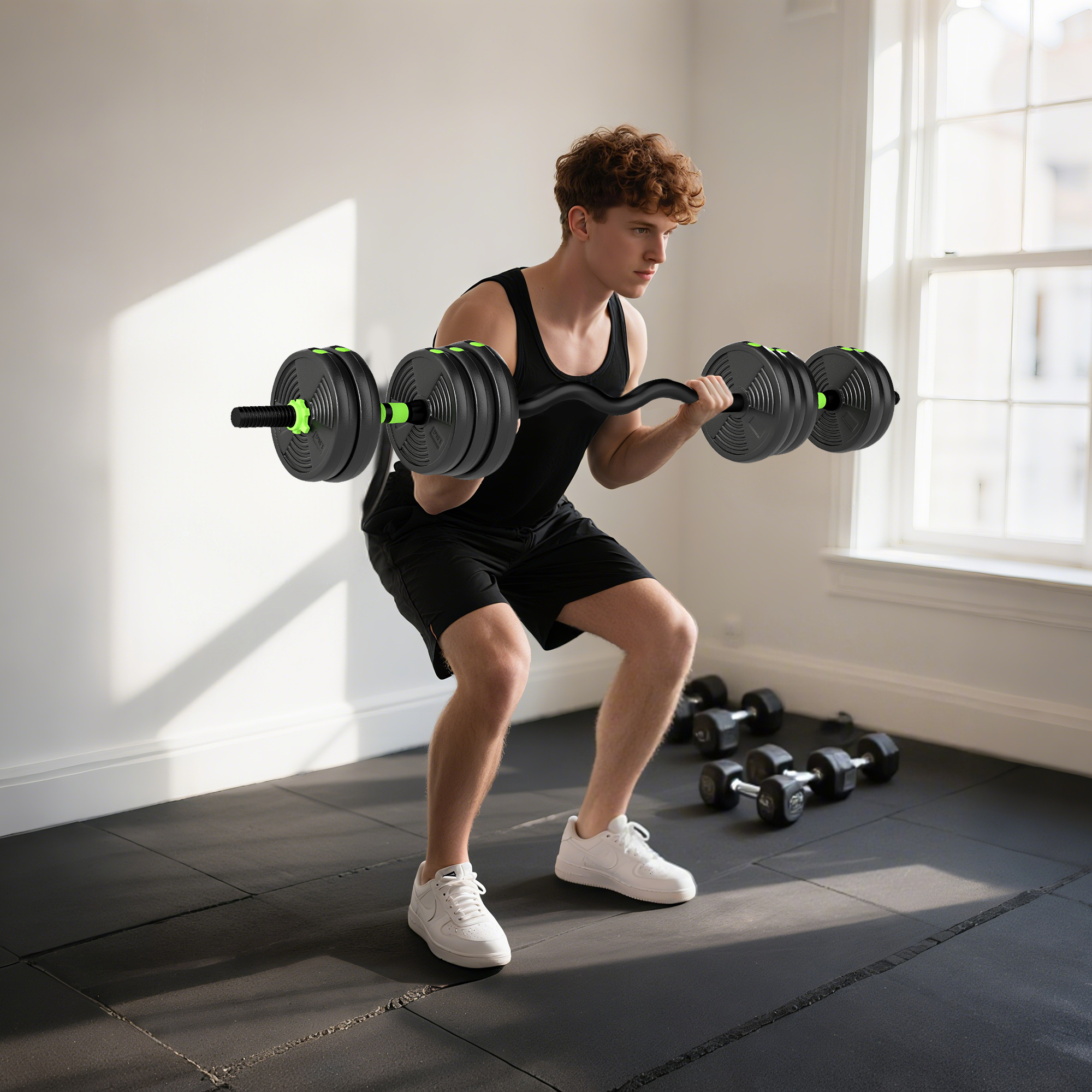 25 kg 3-in-1 Adjustable Dumbbell & Barbell Set with EZ Bar, Connecting Rod and Non-Slip Grip for Home Gym, Green - Image 9