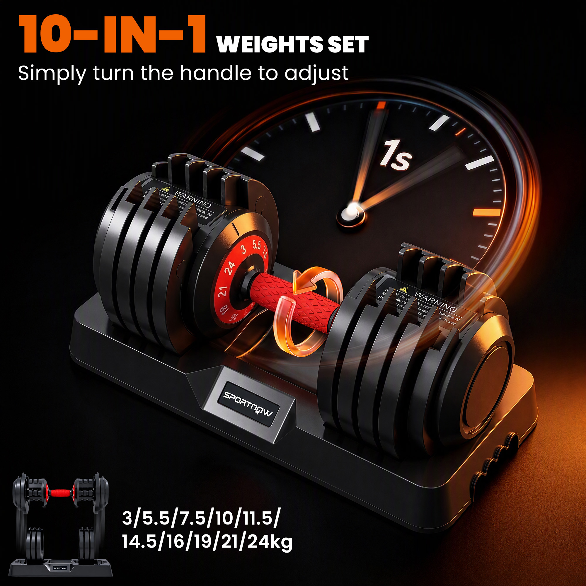 24kg Adjustable Dumbbell Set of 2, 10-in-1 Dumbbell Weights with Quick-Dial System, Safety Lock, Non-Slip Grip, Storage Tray, Space-Saving Free Weights for Home Gym Strength Training - Image 4