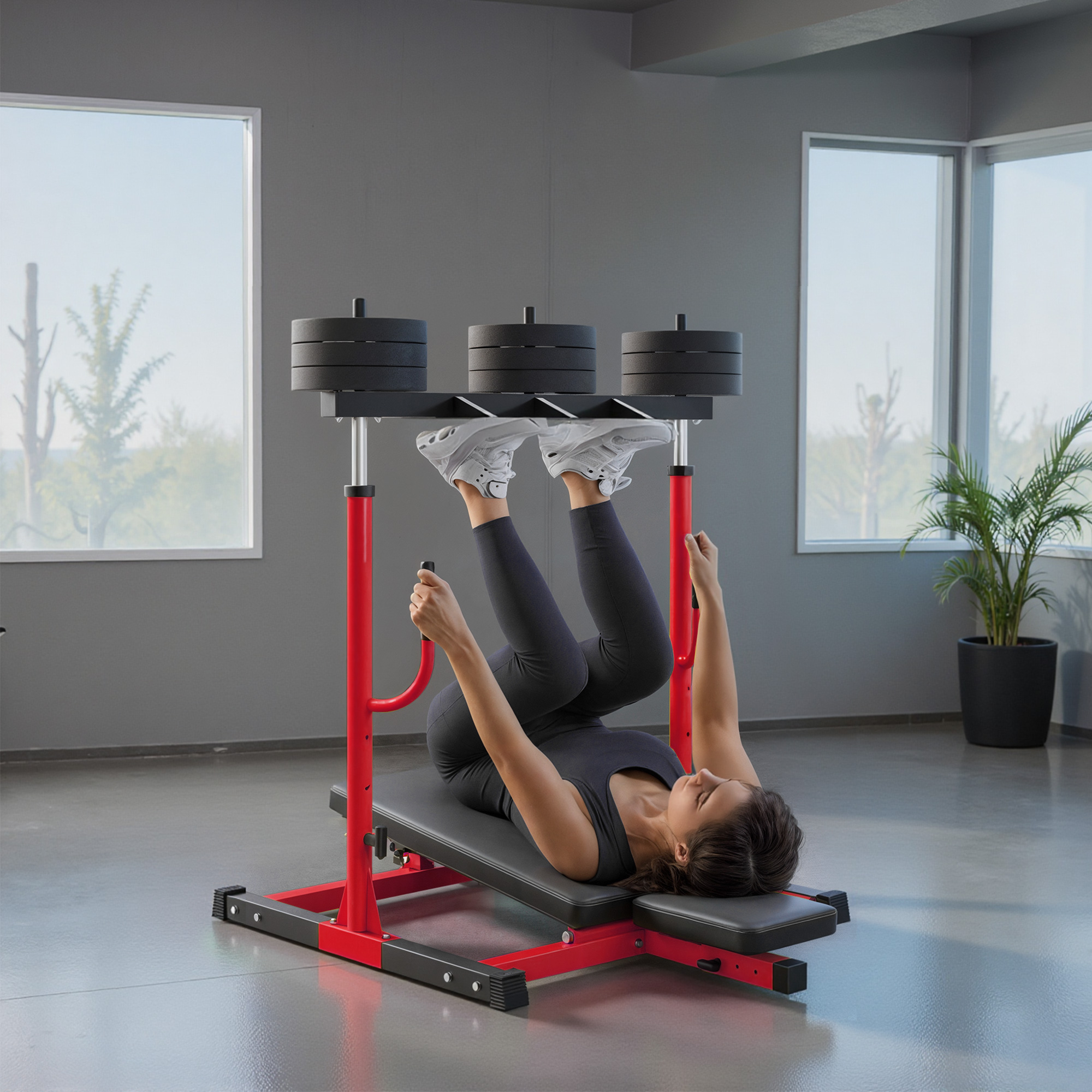 Vertical Leg Press Machine with Adjustable Leg, Back and Head Positions, 1" Standard Plate Compatible, Red - Image 2