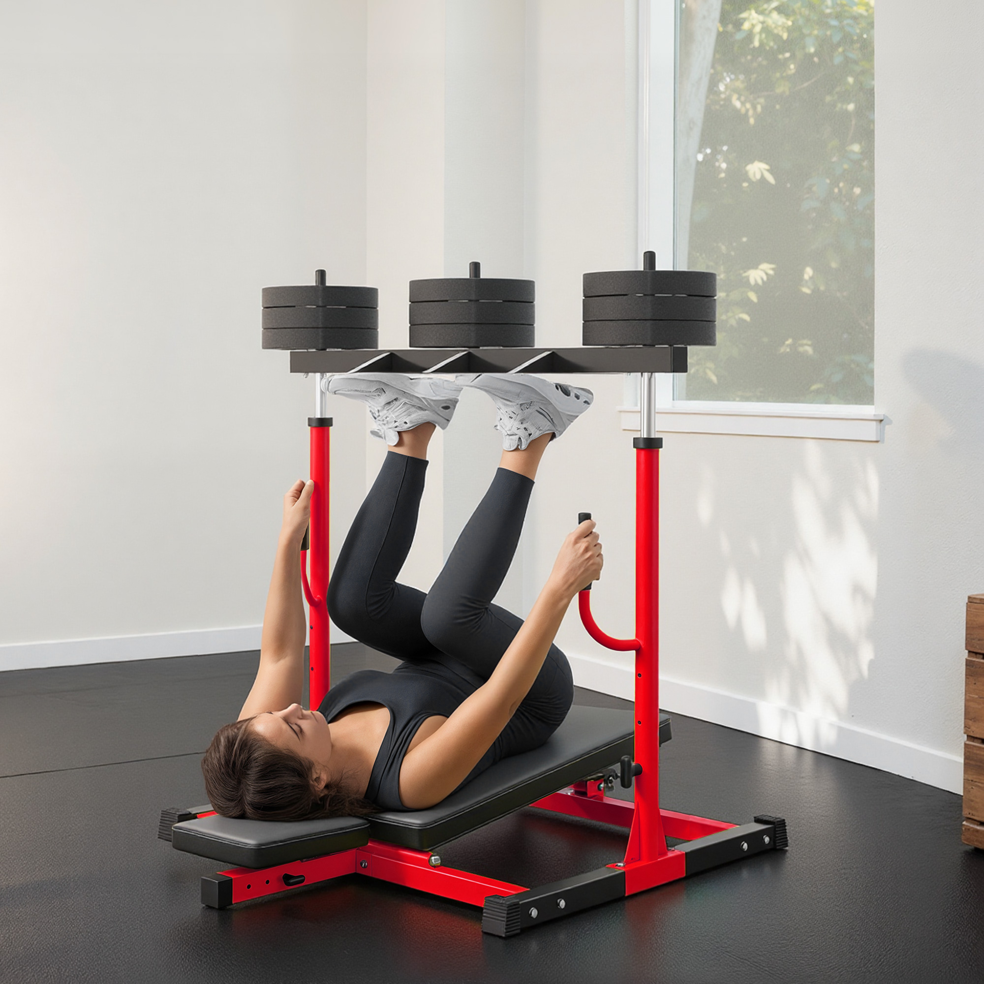 Vertical Leg Press Machine with Adjustable Leg, Back and Head Positions, 1" Standard Plate Compatible, Red - Image 9